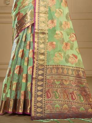 Sangam prints pista green organza woven work traditional saree 3
