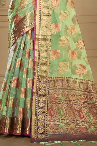 Sangam prints pista green organza woven work traditional saree