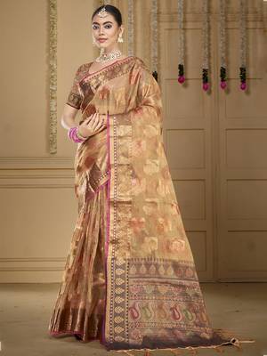 Sangam prints brown organza woven work traditional saree 1