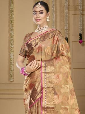 Sangam prints brown organza woven work traditional saree 2