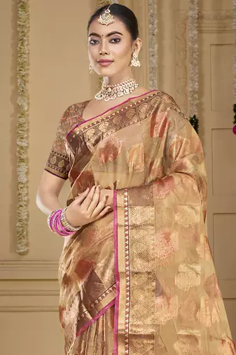 Sangam prints brown organza woven work traditional saree