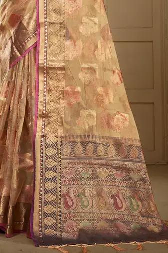 Sangam prints brown organza woven work traditional saree