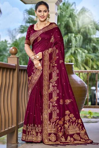 Sangam prints magenta silk woven work traditional saree