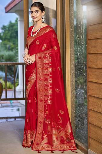 Sangam prints red silk woven work traditional saree