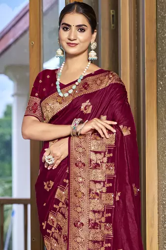 Sangam prints magenta silk woven work traditional saree