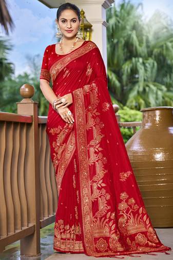 Sangam prints red silk woven work traditional saree