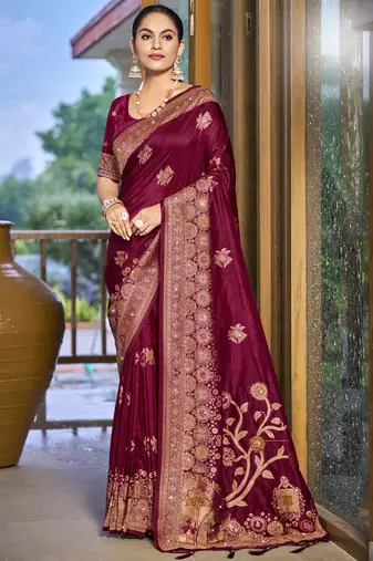 Sangam prints magenta silk woven work traditional saree