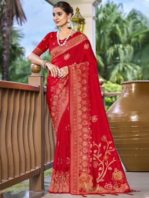 Sangam prints red silk woven work traditional saree 1