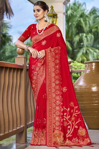 Sangam prints red silk woven work traditional saree