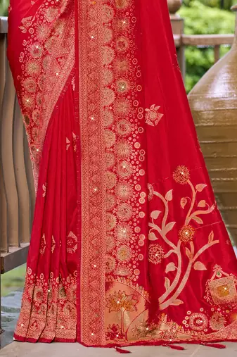 Sangam prints red silk woven work traditional saree