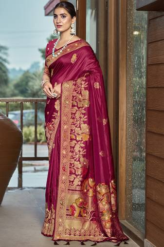 Sangam prints magenta silk woven work traditional saree
