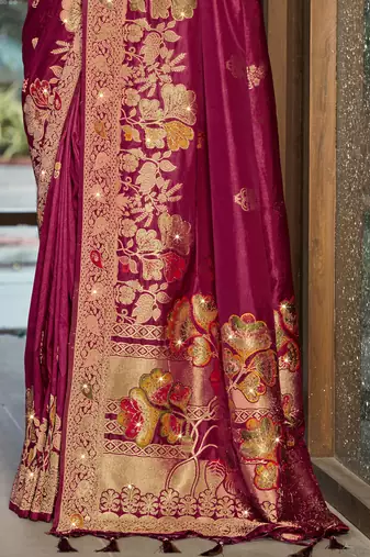 Sangam prints magenta silk woven work traditional saree