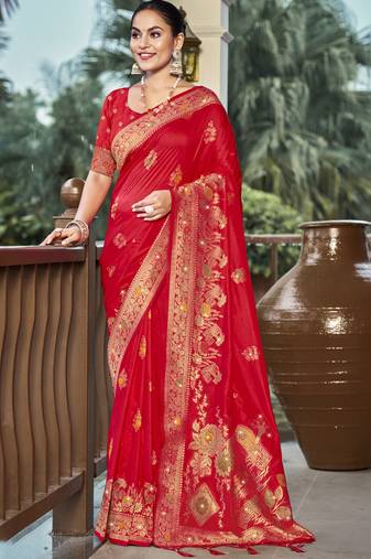 Sangam prints red silk woven work traditional saree