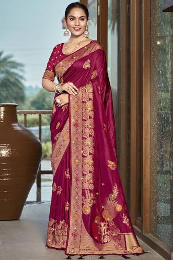 Sangam prints magenta silk woven work traditional saree