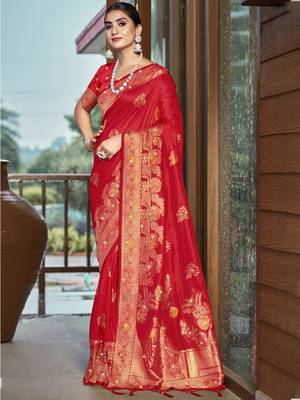 Sangam prints red silk woven work traditional saree 1