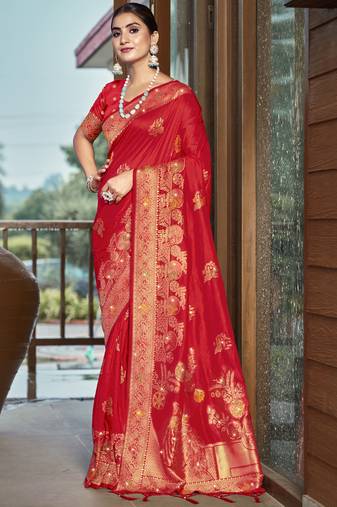 Sangam prints red silk woven work traditional saree