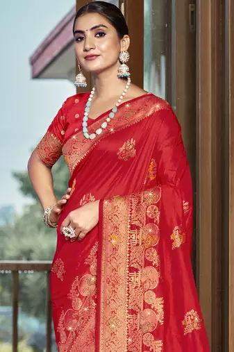 Sangam prints red silk woven work traditional saree
