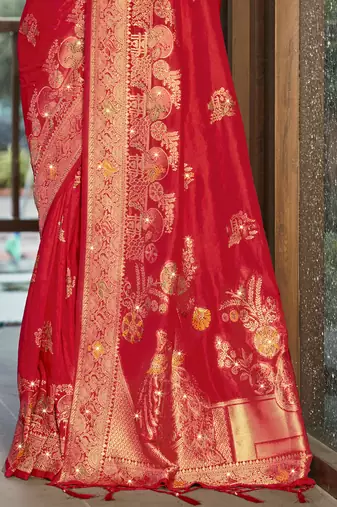 Sangam prints red silk woven work traditional saree