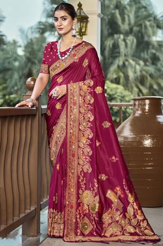Sangam prints magenta silk woven work traditional saree