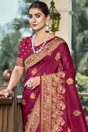 Sangam prints magenta silk woven work traditional saree