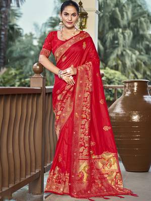 Sangam prints red silk woven work traditional saree 1
