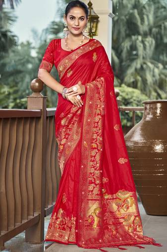 Sangam prints red silk woven work traditional saree