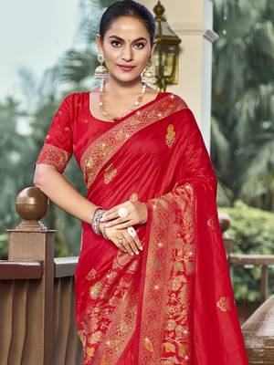 Sangam prints red silk woven work traditional saree 2