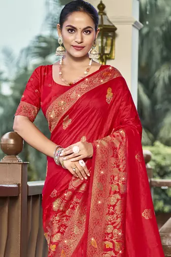 Sangam prints red silk woven work traditional saree