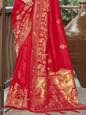 Sangam prints red silk woven work traditional saree 3
