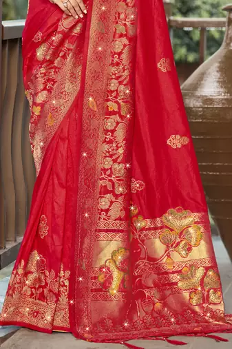 Sangam prints red silk woven work traditional saree
