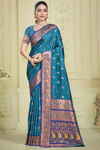 Sangam prints sky blue silk woven work traditional saree