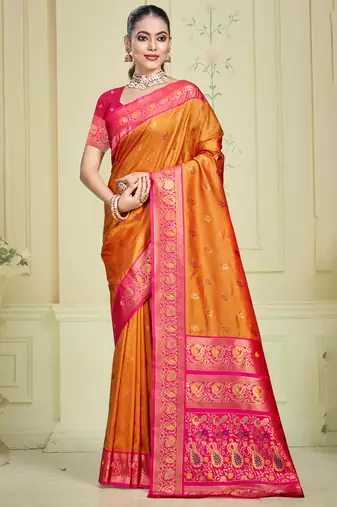 Sangam prints orange silk woven work traditional saree