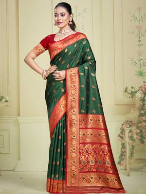 Sangam prints bottle green silk woven work traditional saree 1