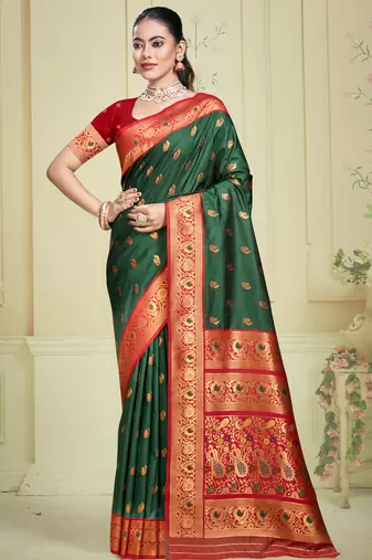 Sangam prints bottle green silk woven work traditional saree