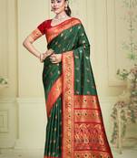 Sangam prints bottle green silk woven work traditional saree