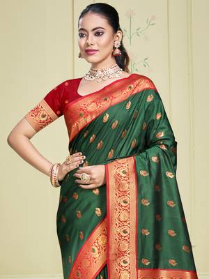 Sangam prints bottle green silk woven work traditional saree 2