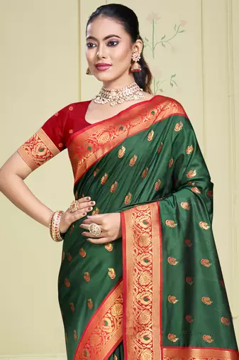 Sangam prints bottle green silk woven work traditional saree