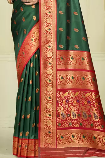 Sangam prints bottle green silk woven work traditional saree