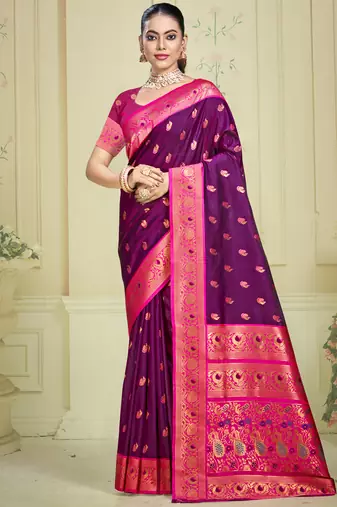 Sangam prints wine silk woven work traditional saree
