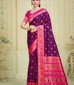 Sangam prints wine silk woven work traditional saree