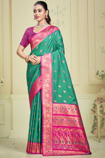 Sangam prints teal green silk woven work traditional saree