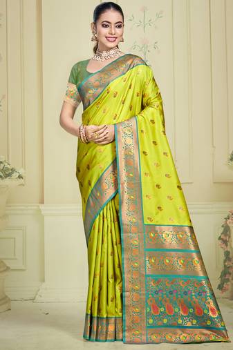 Sangam prints parrot green silk woven work traditional saree