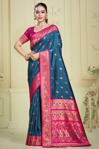 Sangam prints blue silk woven work traditional saree