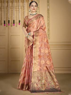 Sangam prints pink organza woven work traditional saree 1