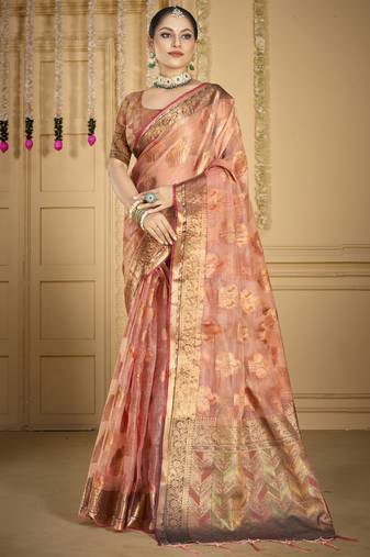 Sangam prints pink organza woven work traditional saree