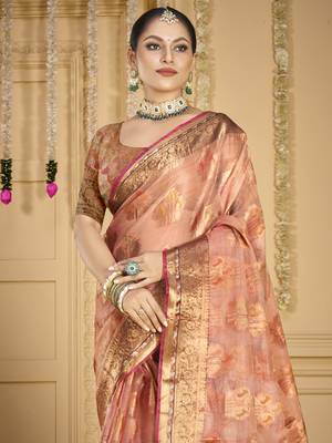Sangam prints pink organza woven work traditional saree 2