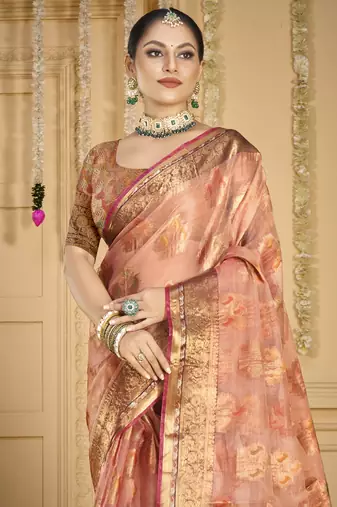 Sangam prints pink organza woven work traditional saree