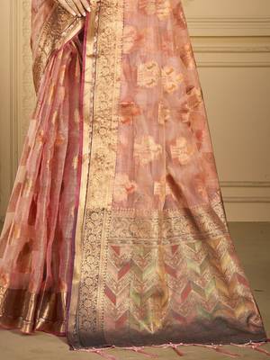 Sangam prints pink organza woven work traditional saree 3
