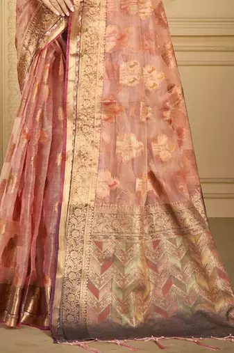 Sangam prints pink organza woven work traditional saree