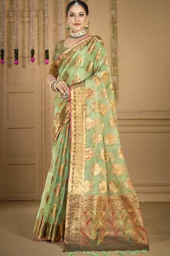 Sangam prints pista green organza woven work traditional saree